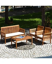 Costway Pcs Outdoor Acacia Wood Sofa Furniture Set Cushioned Chair Coffee Table Garden