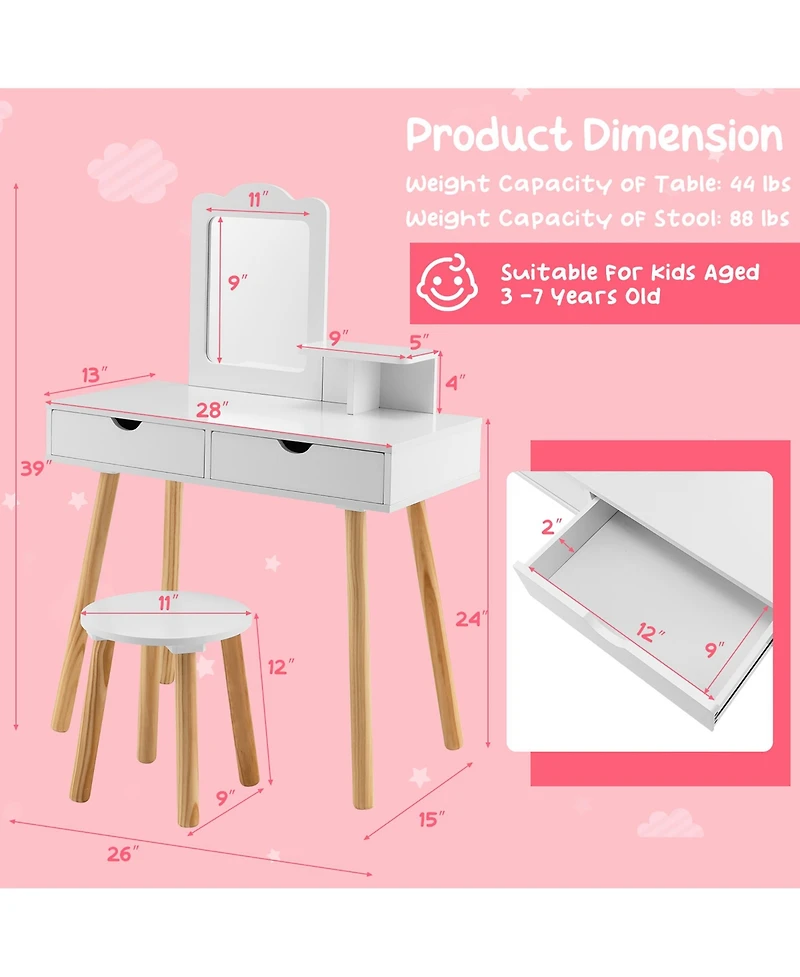 Costway Kid Vanity Table Chair Set with Mirror Large Storage Drawers Wooden Legs