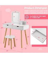 Costway Kid Vanity Table Chair Set with Mirror Large Storage Drawers Wooden Legs
