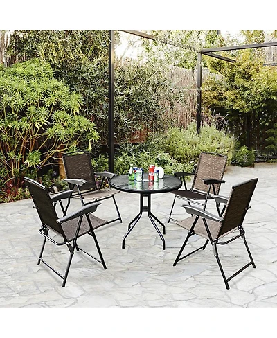 5PC Bistro Outdoor Patio Furniture Set Glass Table W/4 Folding Adjustable Chairs