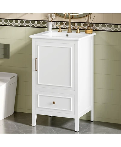 Sillysis 20" Freestanding Bathroom Vanity with Sink, Solid Wood Mdf Cabinet, Semilune Ceramic Drawer Shelf for Small