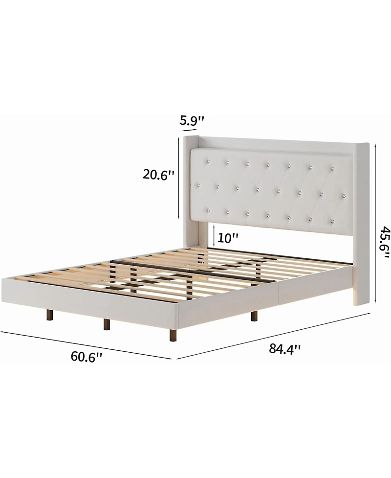 gaomon Wood Storage & Led Light Floating Bed Frame with Velvet Upholstered Wingback Headboard