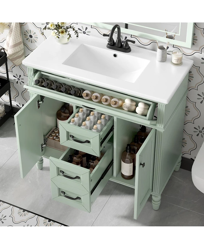 Sillysis 36" Bathroom Vanity with Ceramic Sink, Flip-Out Drawer, Soft Close Doors & Storage Drawers for Modern Bathrooms