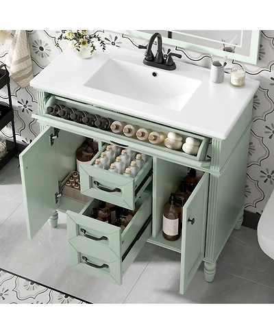 Sillysis 36" Bathroom Vanity with Ceramic Sink, Flip-Out Drawer, Soft Close Doors & Storage Drawers for Modern Bathrooms