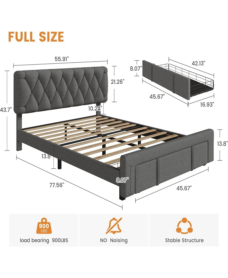 gaomon Upholstered Platform Bed Frame with Storage Drawers, Mattress Foundation Solid Wooden Slats Support