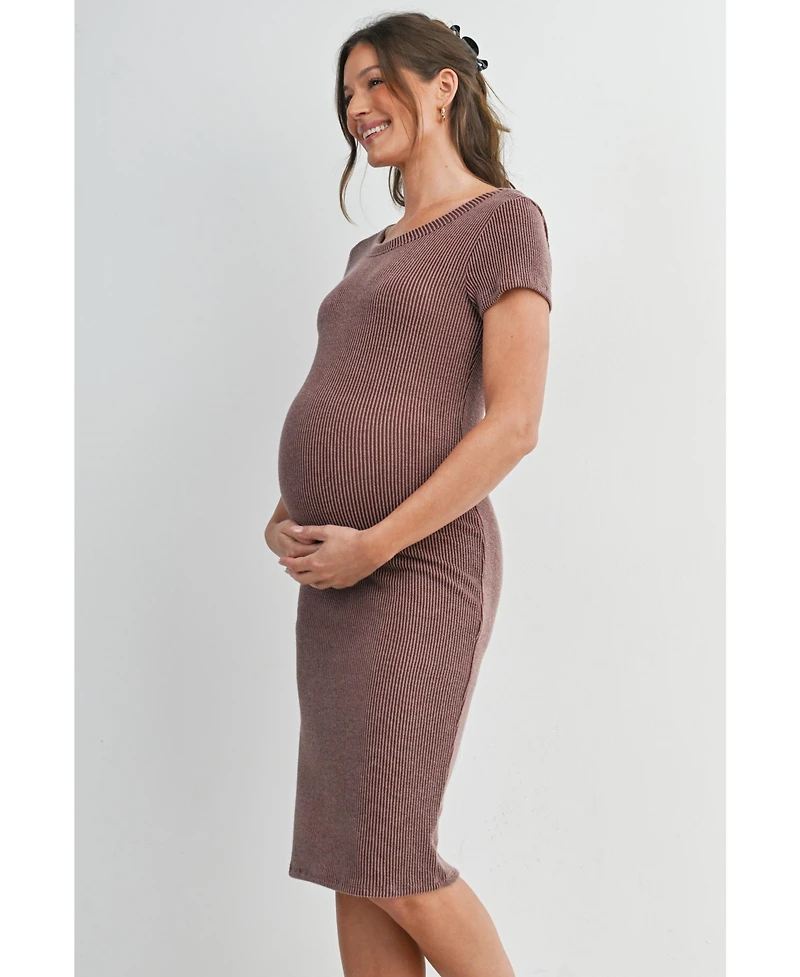 Hello Miz Women's Maternity Bodycon Ribbed Knit Short Sleeve Midi Dress