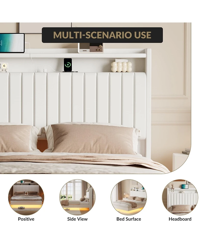 gaomon Floating Bed Frame Queen Rgb Led Lights Charging Station 50 Headboard Leather Upholstered Platform No Box Spring