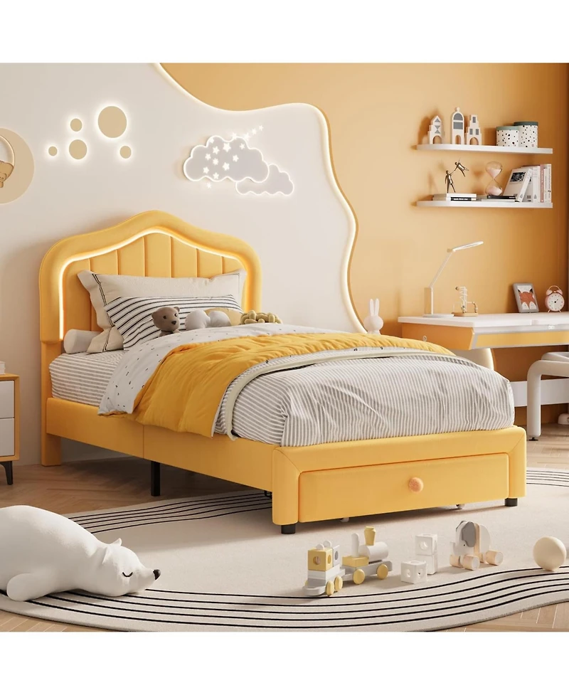 gaomon Twin Led Upholstered Bed Frame Storage Drawer Velvet Princess Platform Sturdy Wooden Slats Easy Assembly No Box Spring