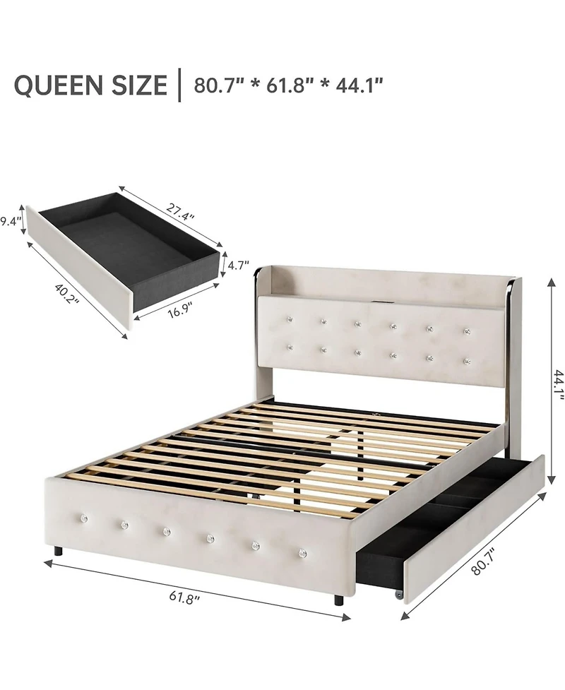 gaomon Queen Upholstered Platform Bed Frame with 4 Storage Drawers and Diamond Tufted Headboard- Wooden Slats- No Box Spring Needed