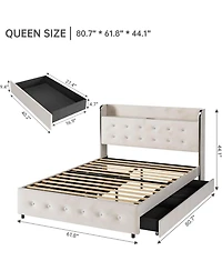 gaomon Queen Upholstered Platform Bed Frame with 4 Storage Drawers and Diamond Tufted Headboard- Wooden Slats- No Box Spring Needed