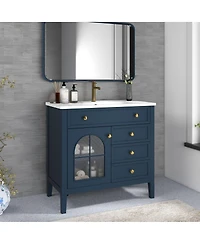 Sillysis Bathroom Vanity with Sink, Medieval Glass Doors, Motion Sensor Lighting, Flip Drawer & Adjustable Storage for Modern Homes