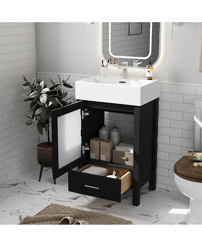 Sillysis Bathroom Vanity with Ceramic Sink, Glass Door, Drawer & Soft Close for Small Bathrooms