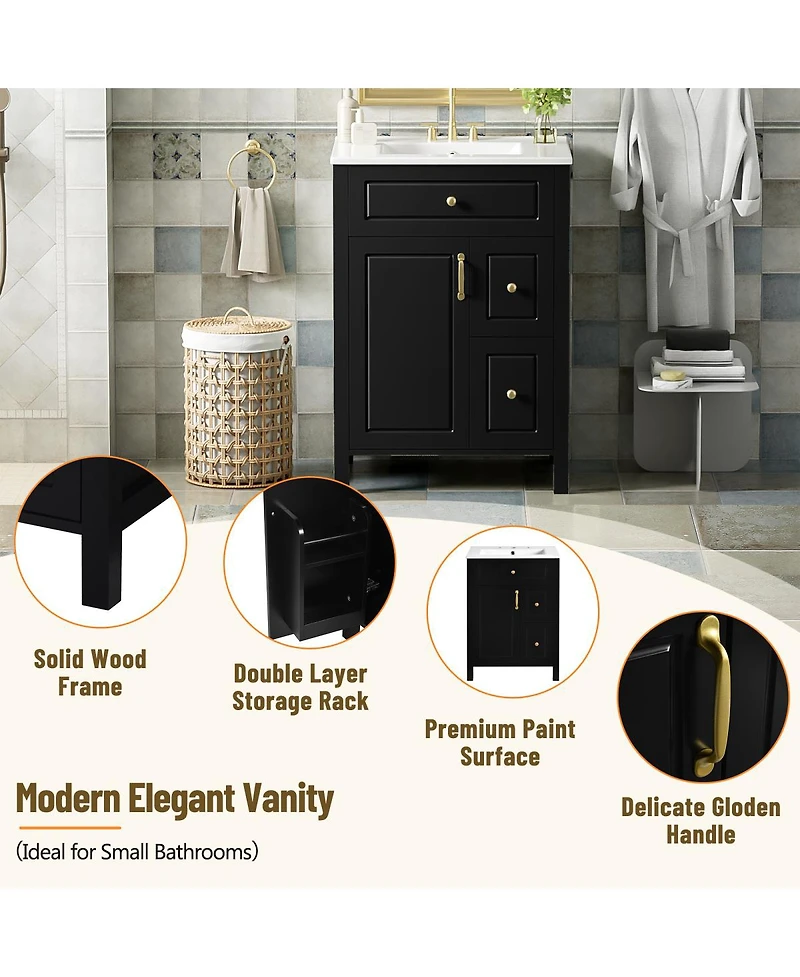 Sillysis Bathroom Vanity with Ceramic Sink, Soft Close Door & Drawers, Double Storage Racks for Small