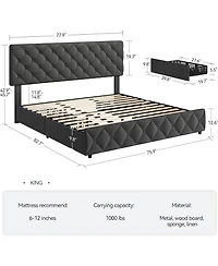 gaomon King Bed Frame 4 Storage Drawers Adjustable Headboard Upholstered Platform Diamond Tufted Easy Assembly No Box Spring