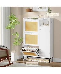 gaomon Shoe Cabinet with 3 Flip-out Drawers Natural Rattan Freestanding Shoe Organizer with 4 Open Shelves Side Cabinet Hidden Wood Shoe Rack