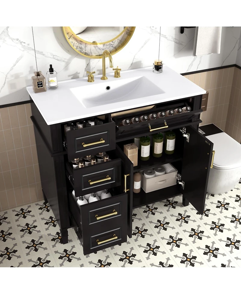 Sillysis Bathroom Vanity with Sink, Modern Cabinet 4 Soft-Close Drawers & Adjustable Shelf, Ample Storage