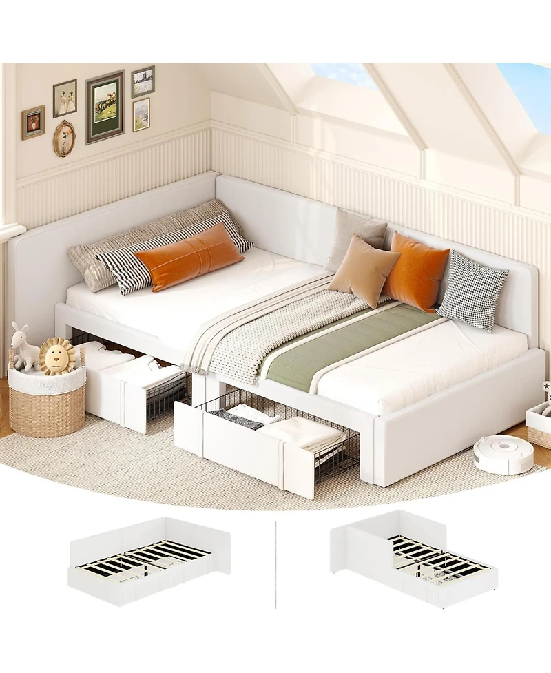 gaomon Twin Daybed 2 Storage Drawers Velvet Upholstered Corner Bed Headboard Guardrail Adjustable