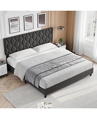 gaomon King Platform Bed Frame Upholstered Headboard Adjustable Fabric Diamond Pattern Soft Fabric Wood Slat Support