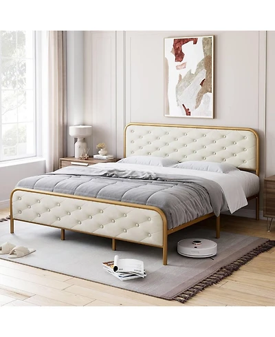 gaomon King Bed Frame Premium Velvet Headboard Footboard Heavy Duty Metal Frame Wood Slats Noise-Free Easy Assembly No Box Spring