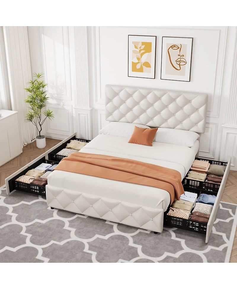 gaomon Upholstered Bed Frame with 4 Storage Drawers- Adjustable Diamond Tufted Headboard- No Box Spring Needed