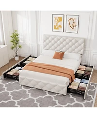 gaomon Upholstered Bed Frame with 4 Storage Drawers- Adjustable Diamond Tufted Headboard- No Box Spring Needed