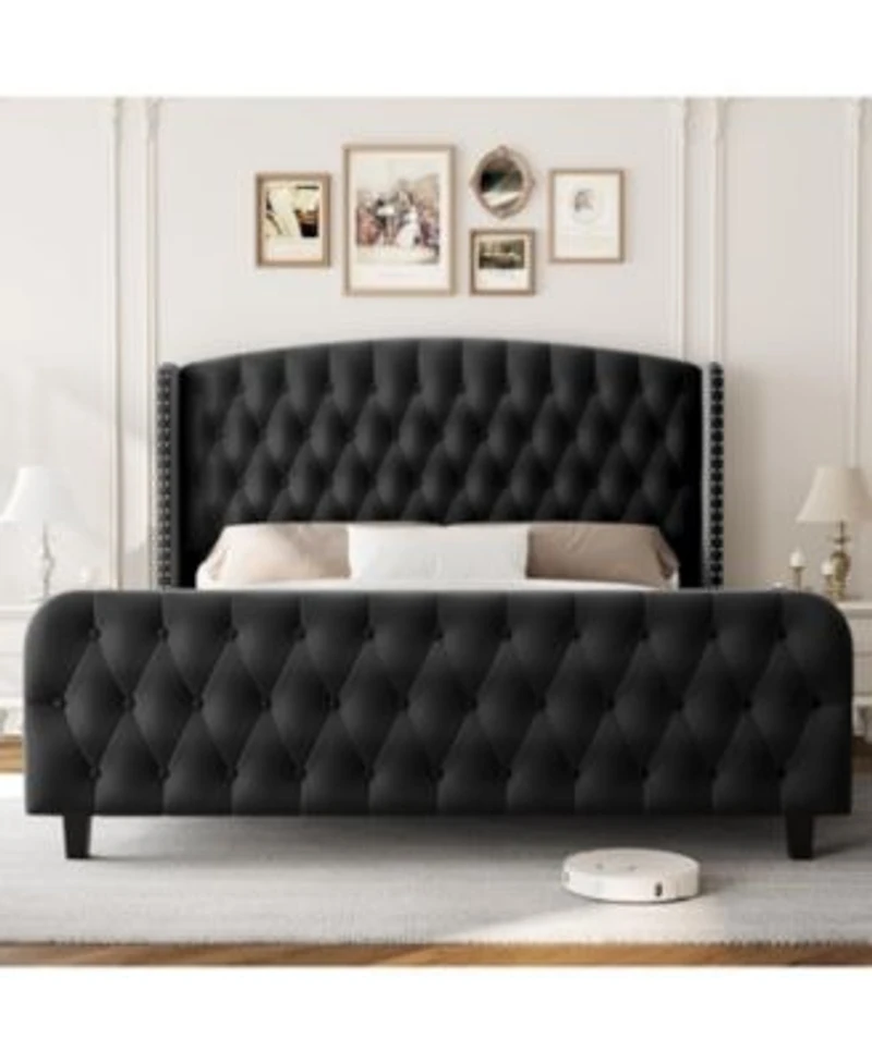 Gaomon Bed Frame With Deep Button Tufted Wingback Headboard Footboard Velvet Upholstered Platform Bed Frame No Box Spring Needed