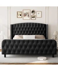 Gaomon Bed Frame With Deep Button Tufted Wingback Headboard Footboard Velvet Upholstered Platform Bed Frame No Box Spring Needed
