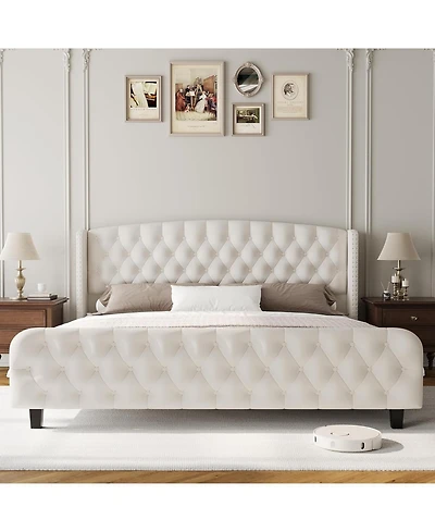 gaomon Bed Frame with Deep Button Tufted Wingback Headboard and Footboard, Velvet Upholstered Platform Bed Frame, No Box Spring Needed