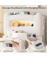 gaomon Led Bed Frame with Drawer Upholstered Storage Headboard Charging Station Noise-Free Low Profile