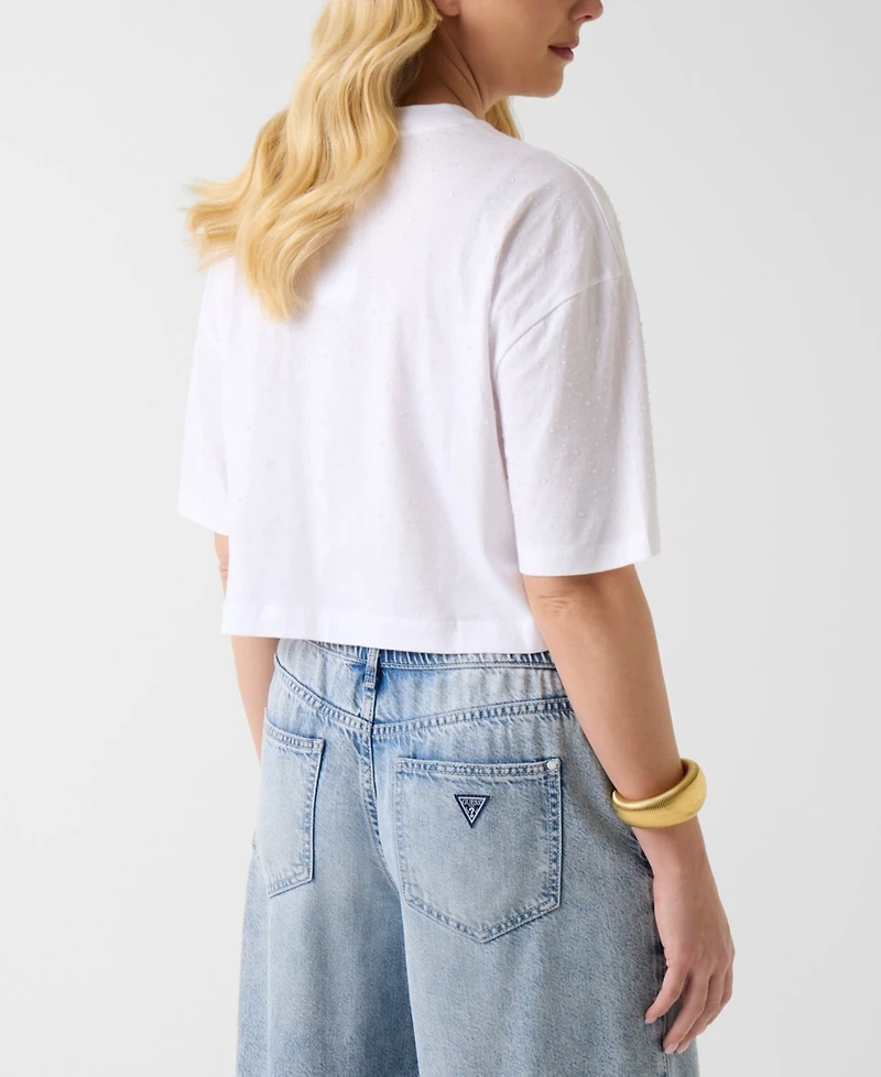 Guess Women's Rhinestone Embellished Crewneck Cropped T-Shirt