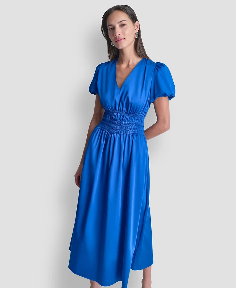 Dkny Petite V-Neck Smocked Waist Midi Dress