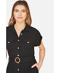 Yumi Women's Viscose Linen Look Midi Shirt Dress