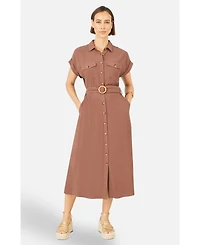 Yumi Women's Viscose Linen Look Midi Shirt Dress
