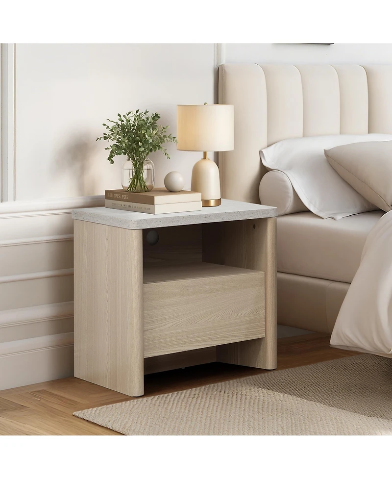 LuxenHome Snowy Oak Nightstand & End Table with Storage, Faux Travertine Top, Durable Manufactured Wood