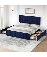 gaomon Bed Frame Adjustable Headboard 4 Drawers Velvet Upholstered Platform Button Tufted Wooden Slats No Box Spring