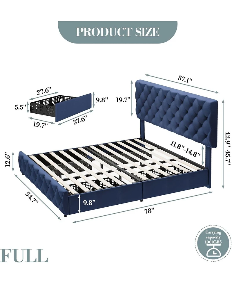 gaomon Upholstered Platform Bed Frame with Adjustable Headboard & 4 Storage Drawers - Diamond Tufted Linen - Sturdy & Noise