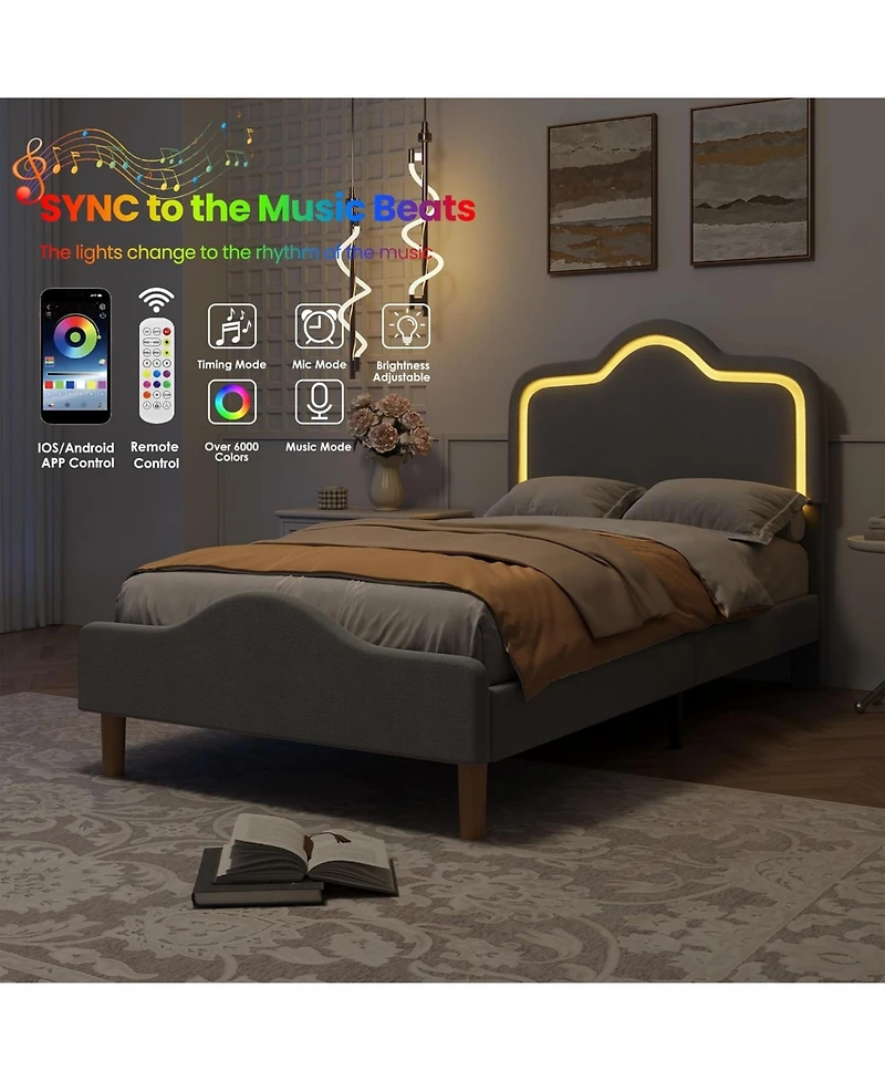 gaomon Bed Frame Adjustable Led Headboard Velvet Upholstered Princess Platform Wooden Slats No Box Spring