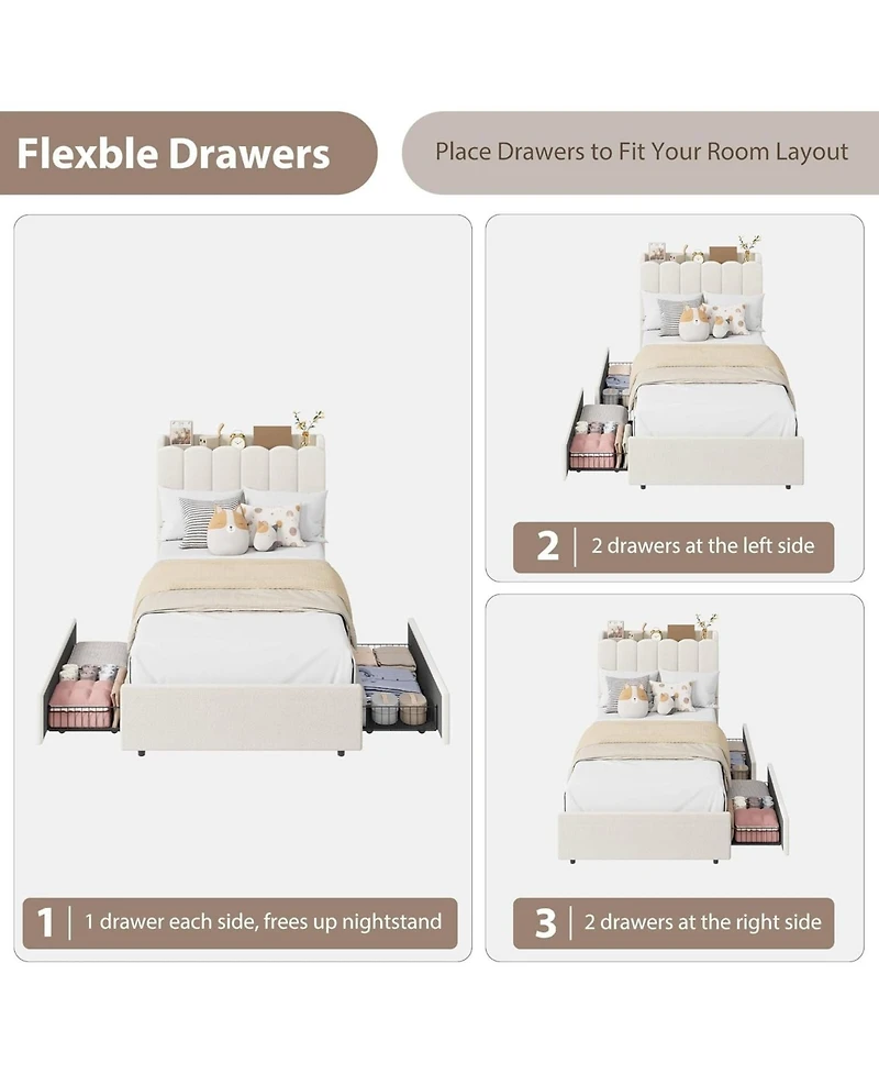 gaomon Twin-xl Boucle Upholstered Platform Bed Wavy Headboard Storage Bookcase 2 Drawers No Box Spring