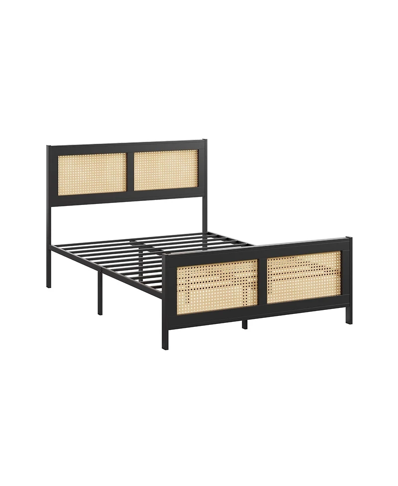 gaomon Rattan Boho Platform Bed Frame with Cane Headboard- Strong Metal Slat Support- Easy Assembly- No Box Spring Needed for Bedroom