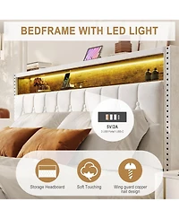 gaomon Bed Frame Button Tufted Upholstered Headboard Charging Station Bookcase Light Noise-free No Box Spring