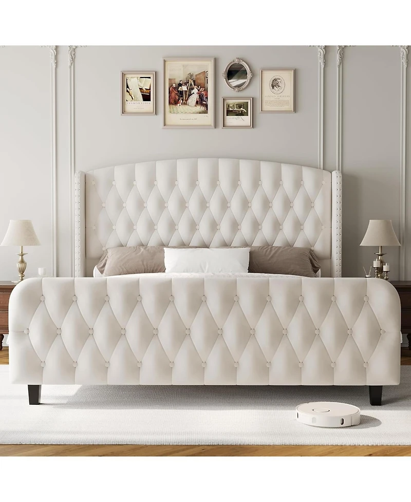 gaomon 51Inch Bed Frame Deep Button Tufted Wingback Headboard Footboard Velvet Upholstered Platform No Box Spring.
