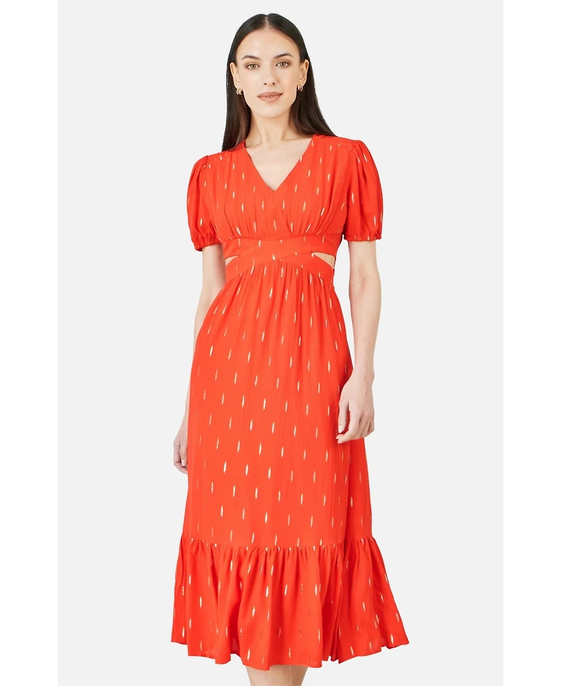 Yumi Women's Foil Print Viscose Cut Out Midi Dress