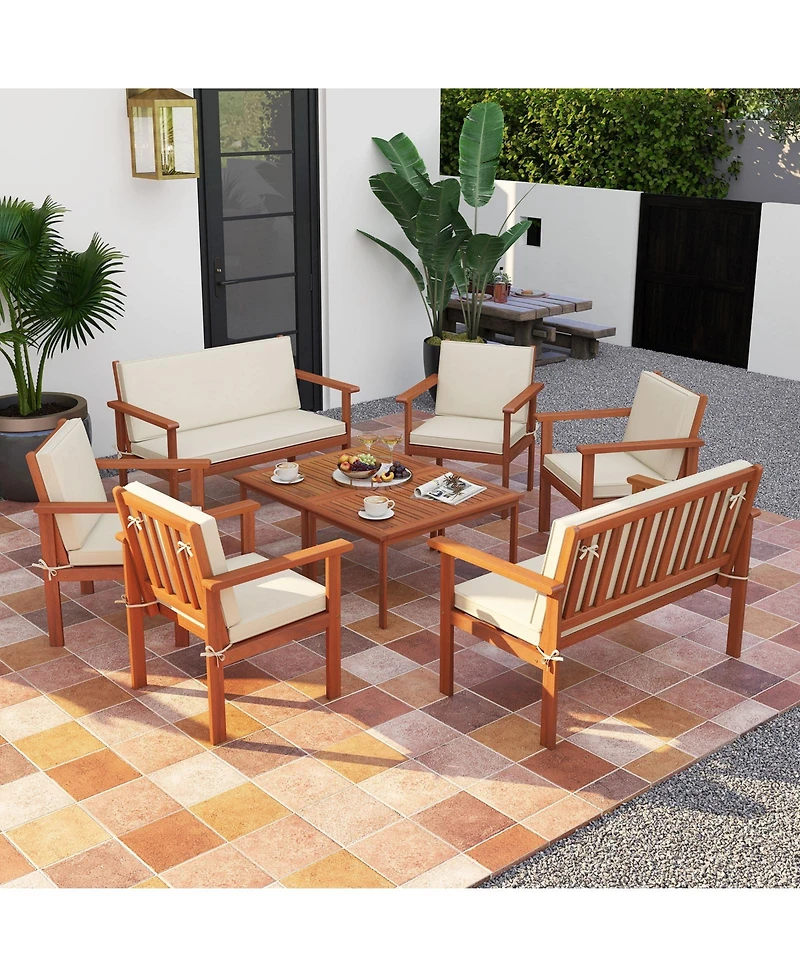 Gymax 8 Pieces Patio Furniture Set, Acacia Wood Porch Chairs w/ Table