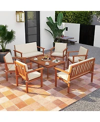 Gymax 8 Pieces Patio Furniture Set, Acacia Wood Porch Chairs w/ Table
