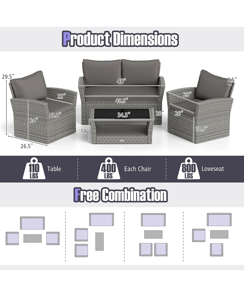 Gymax Set Of 4 Patio Furniture Set w/ Rattan Chairs Loveseat Coffee Table Cushions