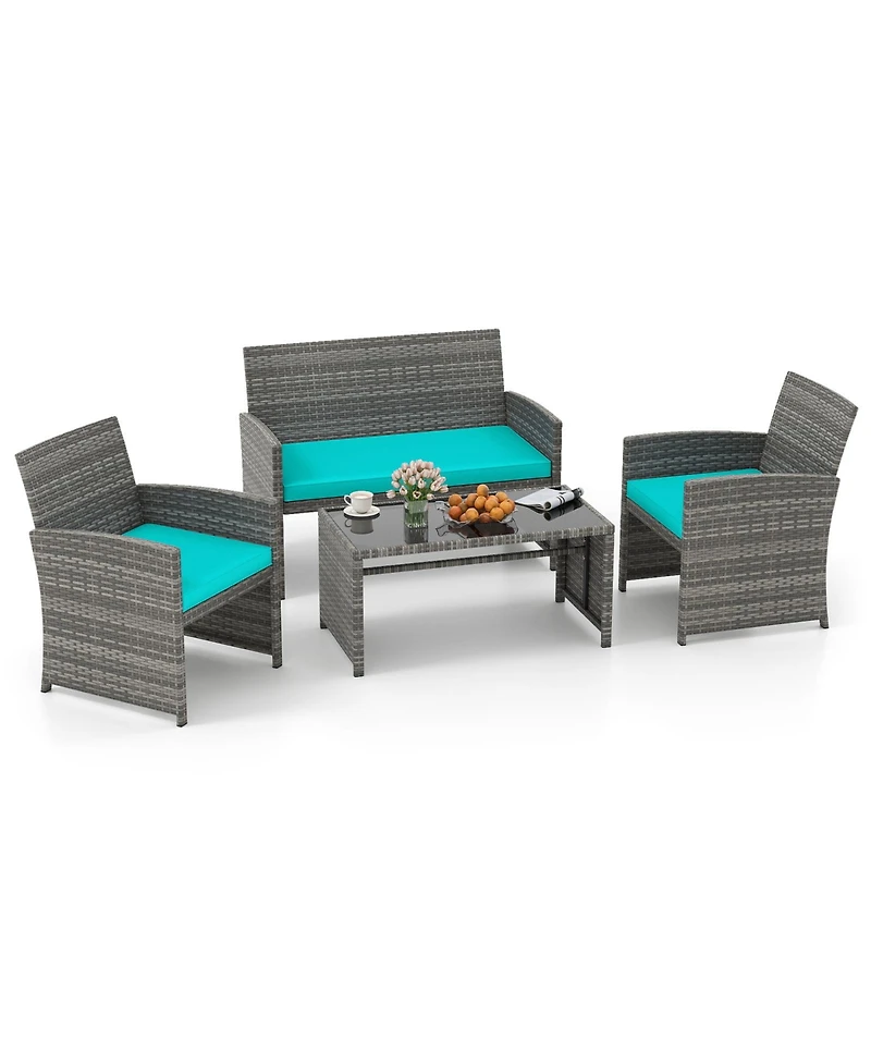 Gymax 4PCS Patio Outdoor Conversation Set w/Seat Cushions and Tempered Glass Tabletop