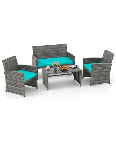 Gymax 4PCS Patio Outdoor Conversation Set w/Seat Cushions & Tempered Glass Tabletop