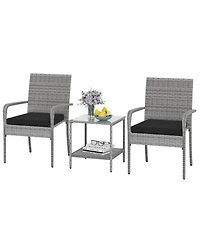 Gymax 3 Pieces Patio Furniture Set Pe Rattan Porch Chairs w/ 2-Tier Table