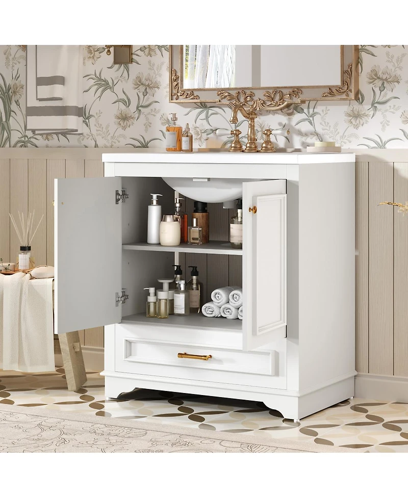 Sillysis 30 Bathroom Vanity with Ceramic Sink, Drawer & 2 Soft Close Doors, Adjustable Shelf Storage for Modern Bathrooms