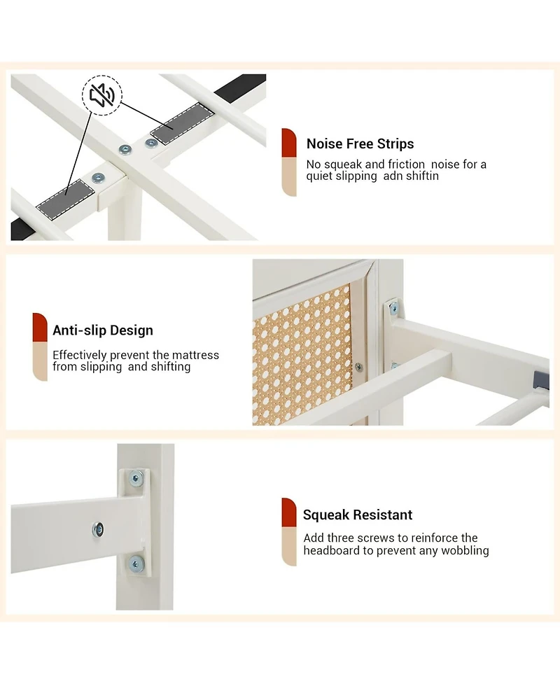 gaomon Queen Size Bed Frame with Led Rattan Headboard Heavy Duty Metal Slats Platform No Box Spring Easy Assembly